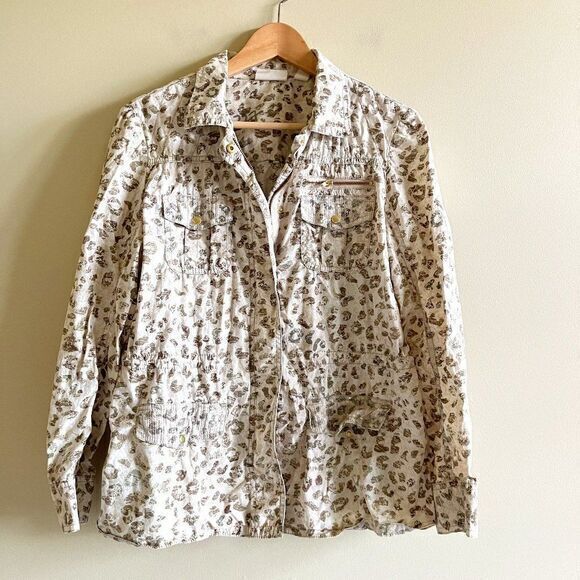 CHICO'S Olive Green Cream Animal‎ Print Lightweight Jacket Zip-Up Size 0 (S-6) - Picture 2 of 6
